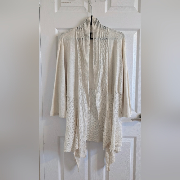 Style & Co. Sweaters - Style & Co Woman 2X Cream Pointelle Knit Boho Open Front Linen Blend Old Money,